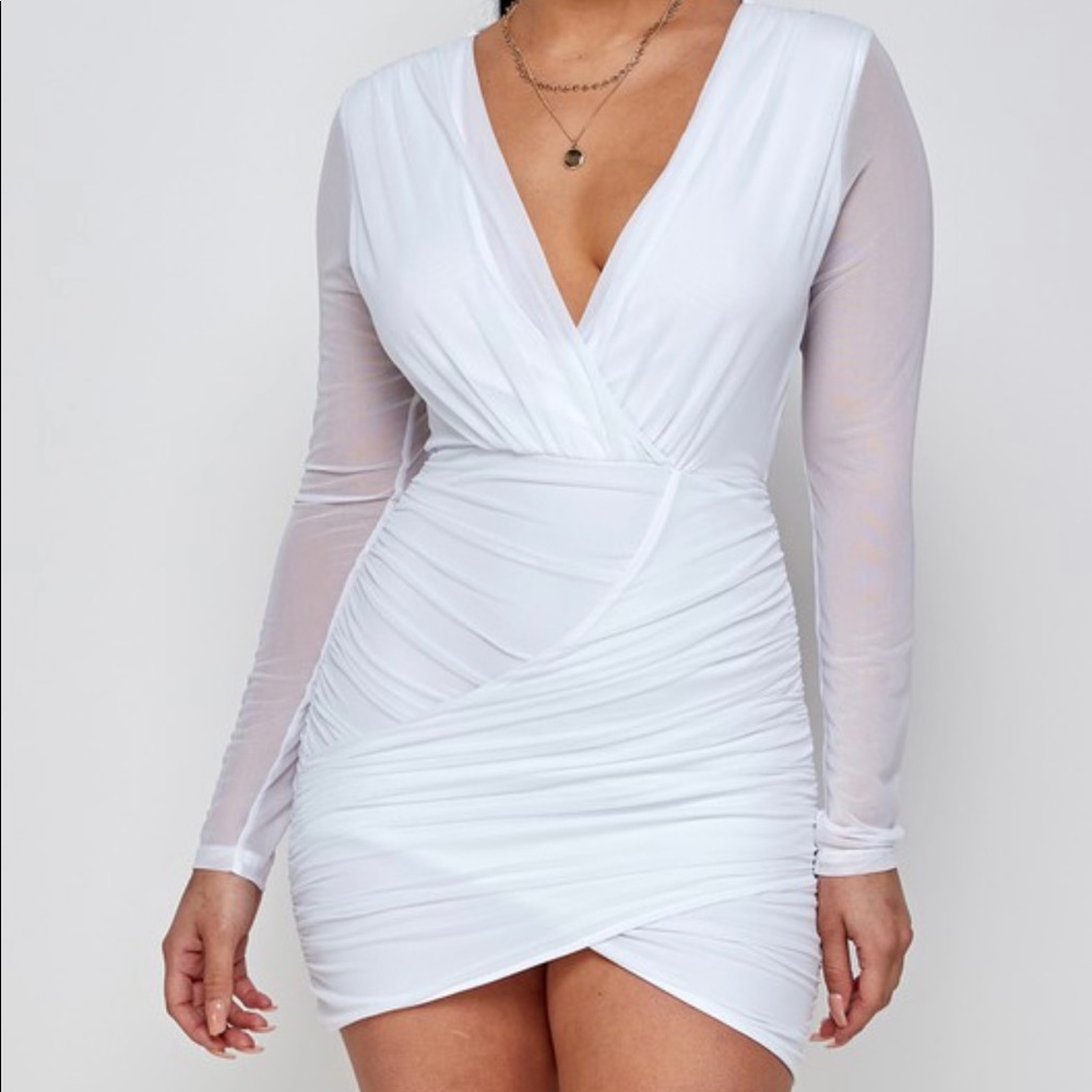 White Long Sleeve Ruched Mini Dress